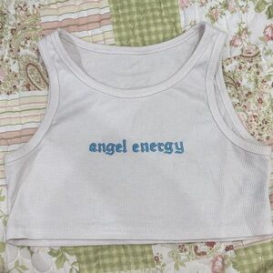 White Crop Top with Blue 'Angel Energy' Embroidery